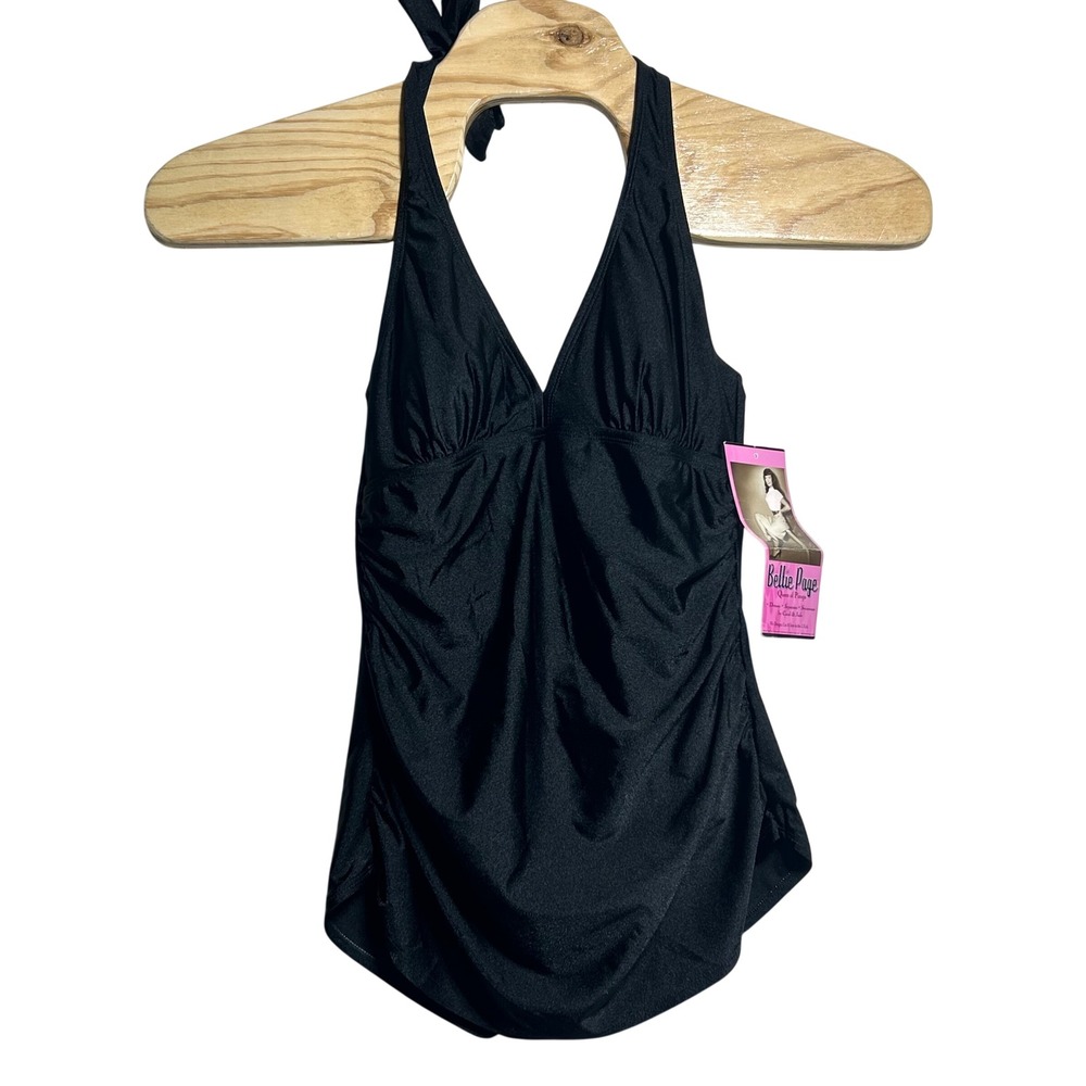 NEW Bettie Page Queen of Pinups Black Halter‎ One Piece Swimsuit Ruched Size 14